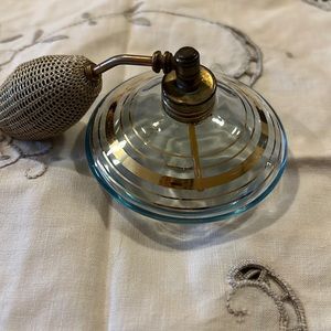 Handmade Bohemian Crystal blue gold striped perfume atomizer Germany
